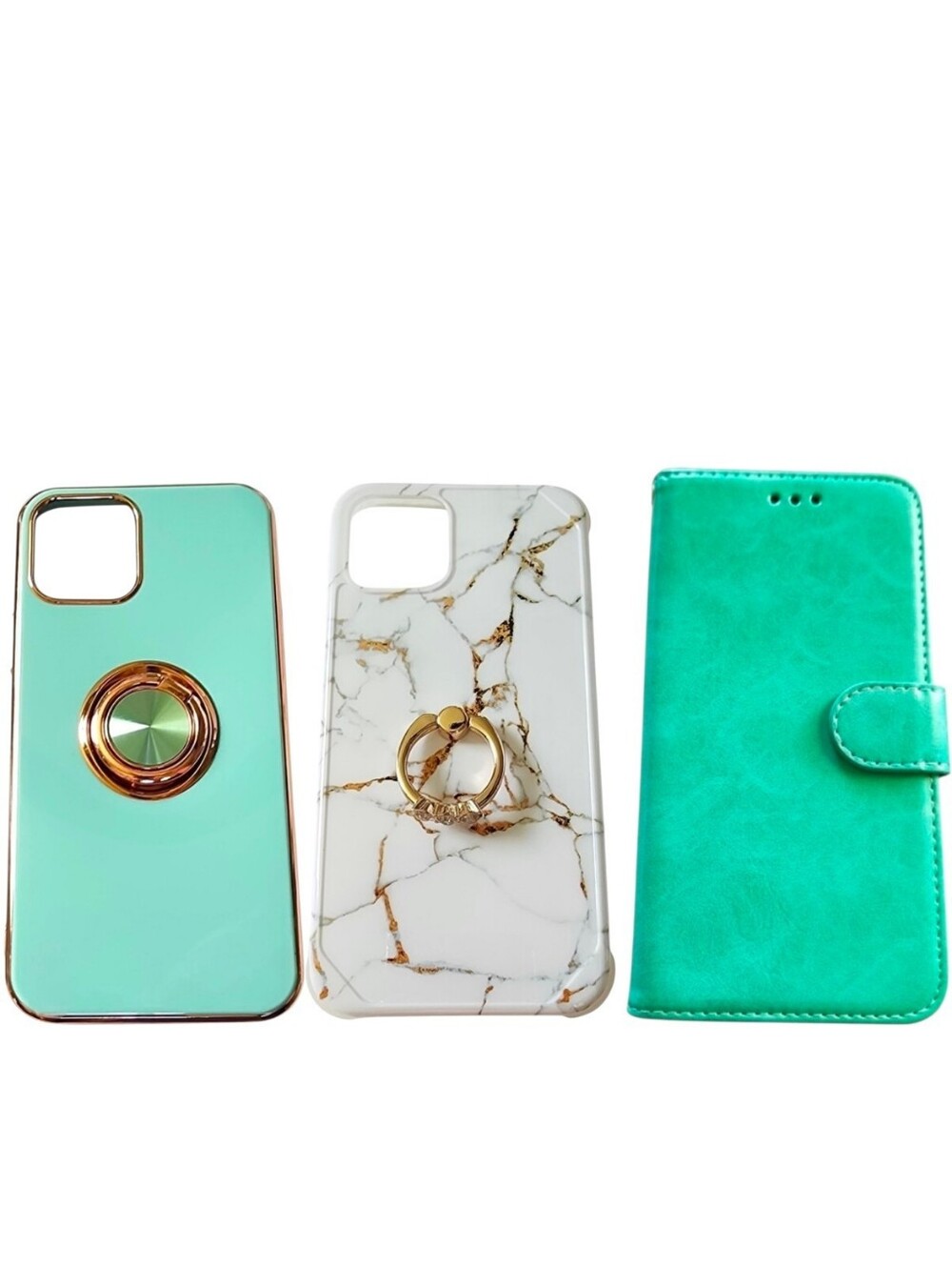 3pc Mint Green & White Marble Wallet & Kickstand Cases For iPhone 11